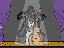 Size: 674x507 | Tagged: safe, artist:cheri, octavia melody, earth pony, human, pony, g4, a puppet to her fame, bow (instrument), cello, controlled, frightened, identity v, messy mane, music, musical instrument, performance, request, stage, violin