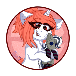 Size: 1280x1280 | Tagged: safe, artist:dian-trex, oc, oc only, oc:bellai, pony, unicorn, excited, female, floppy ears, halfbody, happy, icon, plushie, solo, toy