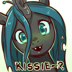 Size: 1159x1159 | Tagged: safe, artist:cold-blooded-twilight, queen chrysalis, changeling, changeling queen, blushing, bronybait, bust, cute, cutealis, dialogue, female, front view, full face view, green blush, looking at you, portrait, simple background, solo, stray strand, talking to viewer, white background