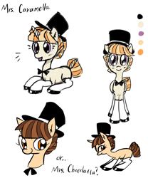 Size: 1602x1922 | Tagged: safe, artist:saltycube, derpibooru exclusive, oc, oc only, earth pony, pony, unicorn, bowtie, clothes, concept art, female, hat, mare, shoes, socks, solo, thigh highs, top hat