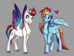 Size: 4000x3000 | Tagged: safe, artist:faline-art, rainbow dash, zipp storm, pegasus, pony, g5, colored wings, duo, ear fluff, female, gray background, heart, high res, mare, multicolored tail, multicolored wings, simple background, smiling, spread wings, unshorn fetlocks, wings, zipp and her heroine