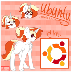 Size: 1280x1280 | Tagged: safe, artist:dian-trex, artist:diantrex, oc, oc only, oc:ubuntu, cat, pony, unicorn, chest fluff, emotes, female, happy, laughing, linux, paws, ponytail, reference, reference sheet, side view, solo, tongue out, ubuntu, white fur