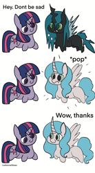Size: 2595x4691 | Tagged: safe, artist:ledwine glass, queen chrysalis, twilight sparkle, alicorn, changeling, changeling queen, pony, unicorn, g4, alicornified, chibi, comic, female, pop, purified chrysalis, race swap, silly, simple background, transformation, twilight sparkle (alicorn), unicorn twilight, white background