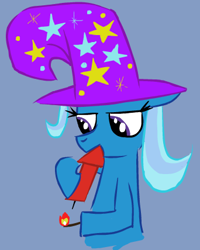 Size: 342x428 | Tagged: safe, artist:selfdestruct2, trixie, pony, unicorn, g4, blue background, clothes, female, fireworks, hat, mare, mouth hold, simple background, solo, this will end in death, this will not end well, too dumb to live, trixie's hat