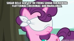 Size: 600x337 | Tagged: safe, edit, edited screencap, screencap, sugar belle, g4, the big mac question, blindfold, caption, image macro, implied execution, op is a duck, op is trying to start shit, text