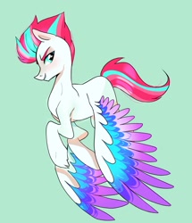 Size: 1532x1780 | Tagged: safe, artist:aztrial, zipp storm, pegasus, pony, g5, blue background, colored wings, female, looking at you, mare, multicolored hair, multicolored wings, simple background, solo, wings