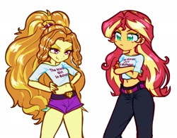 Size: 1920x1505 | Tagged: safe, artist:rileyav, adagio dazzle, sunset shimmer, equestria girls, g4, adoragio, belly button, blushing, booty shorts, clothes, colored pupils, crossed arms, cute, daisy dukes, delicious flat chest, duo, eyelashes, flatdagio dazzle, frown, hairband, hand on hip, large voluminous hair, midriff, off shoulder, pants, pouting, shimmerbetes, shirt, short shirt, shorts, smiling, smug
