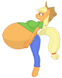 Size: 3200x4000 | Tagged: safe, artist:funble, artist:thenypod4, color edit, edit, applejack, earth pony, anthro, unguligrade anthro, g4, belly, belly button, big belly, breasts, busty applejack, clothes, colored, female, gritted teeth, hat, hyper, hyper belly, hyper pregnancy, impossibly large belly, outie belly button, pants, preggo jack, pregnant, simple background, solo, sweat, transparent background