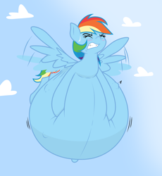 Size: 3500x3800 | Tagged: safe, artist:funble, artist:thenypod4, color edit, edit, rainbow dash, pegasus, pony, g4, belly button, blushing, cloud, colored, eyes closed, female, flying, gritted teeth, high res, hyper, hyper belly, hyper pregnancy, impossibly large belly, mare, momma dash, outie belly button, preggo dash, pregnant, solo, straining, sweat, sweatdrop, wings