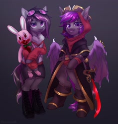 Size: 3424x3616 | Tagged: safe, artist:helemaranth, oc, oc only, oc:mimicry, oc:platinum wing, bat pony, changeling, pony, bat pony oc, blood, changeling oc, high res, purple changeling, robbie the rabbit, silent hill