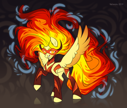 Size: 2000x1700 | Tagged: safe, artist:fenwaru, oc, oc only, oc:levin fiery, pegasus, pony, female, fire, looking at you, mare, mask, solo, spread wings, superhero, wings