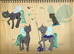 Size: 2854x2102 | Tagged: safe, artist:cindertale, oc, oc only, changeling, :p, butterfly wings, changeling oc, high res, lined paper, looking back, one eye closed, raised hoof, reference sheet, spear, story included, tongue out, traditional art, unamused, weapon, wings, wink