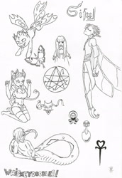 Size: 2028x2956 | Tagged: safe, artist:cindertale, oc, oc only, changeling, lamia, original species, anthro, anthro with ponies, changeling oc, clothes, flying, high res, lineart, monochrome, simple background, sketch, sketch dump, traditional art, white background