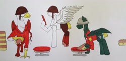 Size: 3799x1855 | Tagged: safe, artist:agdapl, griffon, pegasus, pony, bread, clothes, crossover, food, helmet, male, ponified, signature, soldier, soldier (tf2), stallion, team fortress 2, traditional art, wings