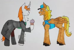 Size: 2853x1904 | Tagged: safe, artist:agdapl, oc, oc only, pegasus, pony, unicorn, clothes, cupcake, duo, eyes closed, food, hat, hoof hold, horn, male, open mouth, pegasus oc, signature, smiling, stallion, traditional art, unicorn oc, unshorn fetlocks, wings