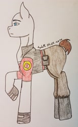 Size: 2049x3330 | Tagged: safe, artist:agdapl, earth pony, pony, bald, clothes, crossover, heavy weapons guy, high res, male, pants, ponified, raised hoof, signature, solo, stallion, team fortress 2, traditional art