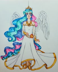 Size: 2679x3279 | Tagged: safe, artist:theartoffallensakura, princess celestia, human, g4, clothes, dress, high res, horn, horned humanization, humanized, solo, traditional art, winged humanization, wings