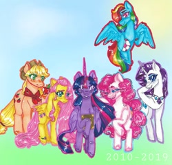 Size: 1125x1080 | Tagged: safe, artist:theartoffallensakura, applejack, fluttershy, pinkie pie, rainbow dash, rarity, twilight sparkle, alicorn, earth pony, pegasus, pony, unicorn, g4, apple, book, food, football, mane six, traditional art, twilight sparkle (alicorn)