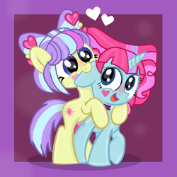 Size: 900x900 | Tagged: safe, artist:grapefruit-face, kiwi lollipop, supernova zap, earth pony, pony, unicorn, g4, base used, biting, blushing, cute, ear bite, equestria girls ponified, happy, hug, hug from behind, k-lo, k-lo betes, nibbling, ponified, postcrush, shipping, show accurate, su-z, su-z-betes