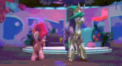 Size: 538x292 | Tagged: safe, pinkie pie, princess celestia, alicorn, earth pony, pony, g4, hello pinkie pie, animated, dancing, duo, duo female, female, friendshipping, height difference, lost media, unofficial