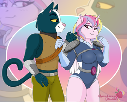 Size: 2227x1800 | Tagged: safe, artist:raspberrystudios, oc, oc:aurelia charm, alicorn, anthro, unguligrade anthro, alicorn oc, avocato (final space), bedroom eyes, canon x oc, final space, furry, horn, not princess cadance, pulling, spacesuit, thighs, wings, zoom layer