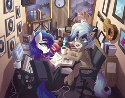Size: 4096x3212 | Tagged: safe, artist:saxopi, oc, oc only, pegasus, pony, book, chair, clock, clothes, duo, guitar, headphones, microphone, mug, musical instrument, phone, radio, record, studio, table, window