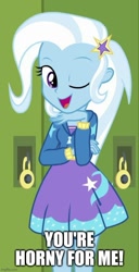 Size: 500x979 | Tagged: safe, trixie, equestria girls, equestria girls specials, g4, my little pony equestria girls: better together, my little pony equestria girls: forgotten friendship, canterlot high, caption, clothes, cropped, cute, diatrixes, female, hallway, hoodie, image macro, imgflip, lockers, one eye closed, skirt, text, wink