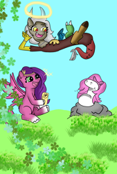 Size: 1958x2889 | Tagged: safe, artist:juanluuis8, discord, pipp petals, draconequus, pegasus, pony, g5, aura, cellphone, chatting, eris, female, floating, florkofcows, flower, grass, herb, open mouth, pasture, phone, rock, rule 63, sitting, sky, smartphone, smiling, sparkles