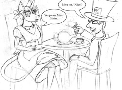 Size: 1000x734 | Tagged: safe, artist:barn-flakes, oc, oc only, human, unicorn, anthro, alice in wonderland, clothes, cup, dress, female, hat, horn, leonine tail, lineart, mad hatter, male, mind control, monochrome, sitting, swirly eyes, teacup, teapot, top hat, traditional art, unicorn oc