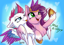 Size: 4093x2894 | Tagged: safe, artist:julunis14, pipp petals, zipp storm, pegasus, pony, g5, :p, adorapipp, adorazipp, cellphone, chest fluff, colored wings, cute, digital art, duo, duo female, ear fluff, female, high res, hug, mare, multicolored wings, phone, royal sisters (g5), selfie, siblings, sisters, smartphone, smug, smugzipp, that pony sure does love phones, tongue out, wing fluff, winghug, wings