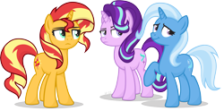 Size: 4616x2293 | Tagged: safe, artist:le-23, starlight glimmer, sunset shimmer, trixie, pony, unicorn, g4, counterparts, female, high res, magical trio, mare, png, simple background, transparent background, trio, trio female, twilight's counterparts