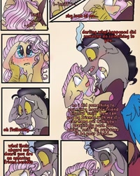 Size: 540x676 | Tagged: safe, artist:cocolove2176, discord, fluttershy, draconequus, pegasus, pony, comic:i woke up next to you, g4, blushing, cheek squish, colored hooves, comic, dialogue, female, hug, male, mare, ship:discoshy, shipping, smiling, squishy cheeks, straight, wings