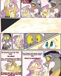Size: 897x1124 | Tagged: safe, artist:cocolove2176, discord, fluttershy, draconequus, pegasus, pony, comic:i woke up next to you, g4, blushing, cheek squish, comic, dialogue, female, kissing, male, male pov, mare, offscreen character, pov, ship:discoshy, shipping, smiling, squishy cheeks, straight, wings