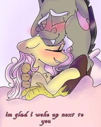 Size: 540x675 | Tagged: safe, artist:cocolove2176, discord, fluttershy, draconequus, pegasus, pony, comic:i woke up next to you, g4, blushing, bust, comic, eyes closed, female, hug, male, mare, ship:discoshy, shipping, smiling, straight, talking