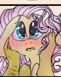 Size: 1078x1350 | Tagged: safe, artist:cocolove2176, discord, fluttershy, draconequus, pegasus, pony, g4, blushing, cheek squish, cropped, crying, female, floppy ears, male, male pov, mare, offscreen character, pov, ship:discoshy, shipping, squishy cheeks, straight