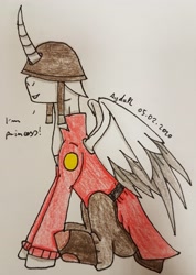 Size: 2483x3491 | Tagged: safe, artist:agdapl, alicorn, pony, alicornified, clothes, crossover, helmet, high res, horn, male, pants, ponified, race swap, signature, sitting, soldier, solo, stallion, talking, team fortress 2, traditional art, wings