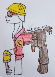 Size: 2289x3198 | Tagged: safe, artist:agdapl, earth pony, pony, clothes, crossover, engineer, engineer (tf2), floppy ears, goggles, hard hat, high res, male, pants, ponified, signature, solo, stallion, team fortress 2, traditional art