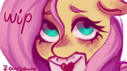 Size: 1021x573 | Tagged: safe, artist:zowzowo, fluttershy, pegasus, pony, g4, big eyes, blushing, close-up, cute, face, floppy ears, love letter, painting, shy, solo, wip