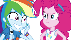 Size: 1280x720 | Tagged: safe, pinkie pie, rainbow dash, equestria girls, equestria girls series, equestria girls specials, g4, movie magic, rollercoaster of friendship, angry, armpits, duo, duo female, female, geode of sugar bombs, grin, hairband, magical geodes, multicolored hair, nervous, nervous smile, pinkie pie is not amused, rainbow douche, smiling, this will end in cupcakes, unamused, wristband