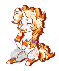Size: 500x600 | Tagged: safe, artist:lavvythejackalope, oc, oc only, earth pony, pony, bow, braid, candy, candy corn, earth pony oc, food, freckles, hair bow, leg warmers, male, one eye closed, simple background, sitting, solo, stallion, white background, wink