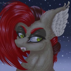 Size: 768x768 | Tagged: safe, artist:maryhoovesfield, pony, bust, ear fluff, fangs, lidded eyes, night, signature, solo, stars