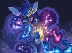 Size: 1200x897 | Tagged: safe, artist:maryhoovesfield, princess luna, alicorn, pony, g4, curved horn, ear fluff, ethereal mane, female, galaxy mane, hoof shoes, horn, mare, signature, solo, wings