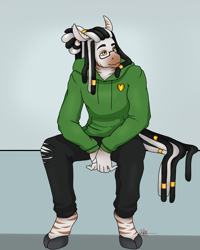 Size: 2400x3000 | Tagged: safe, artist:artistryizzy, oc, oc only, oc:zahk, zebra, anthro, clothes, dreadlocks, glasses, hair jewelry, high res, hoodie, male, solo