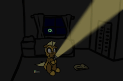 Size: 1200x790 | Tagged: safe, artist:neuro, ghost, undead, animated, dark, emf reader, female, flashlight (object), ghost journal, gif, guardsmare, haunted house, hoofprint, mare, night, phasmophobia, royal guard, scared