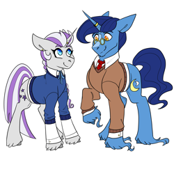 Size: 3000x3000 | Tagged: safe, artist:gingygin, night light, twilight velvet, pony, unicorn, g4, alternate hairstyle, clothes, female, glasses, high res, horn, horn ring, husband and wife, jewelry, looking at each other, male, mare, necktie, ring, ship:nightvelvet, shipping, simple background, stallion, straight, sweater, unshorn fetlocks, wedding ring, white background