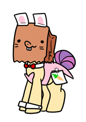 Size: 634x898 | Tagged: safe, artist:paperbagpony, oc, oc:paper bag, earth pony, pony, bowtie, bunny suit, clothes, cufflinks, cute, fake cutie mark, fake ears, female, mare, ocbetes, tail bun