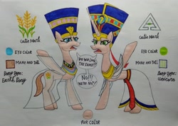 Size: 3282x2340 | Tagged: safe, artist:bsw421, oc, oc:amisi, oc:neferneferuaten nefertiti, earth pony, pony, unicorn, clothes, crown, cutie mark, dress, egyptian, egyptian headdress, egyptian pony, expressions, headdress, high res, jewelry, makeup, necklace, photo, queen, reference, regalia, skirt, speech bubble, traditional art, unpleased