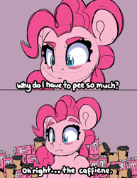 Size: 2807x3640 | Tagged: safe, artist:partypievt, pinkie pie, earth pony, pony, g4, bags under eyes, coffee, comic, drink, energy drink, eyebrows, high res, meme, monster energy, pinkie found the coffee, solo, text