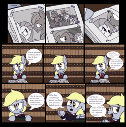 Size: 2552x2576 | Tagged: safe, artist:graciegirl328, big macintosh, derpy hooves, fluttershy, pegasus, pony, comic:the jacky horror web comic, g4, clothes, comic, dialogue, female, high res, library, male, mare, narrator, necktie, photo, rocky horror picture show, ship:fluttermac, shipping, solo, speech bubble, straight, suit