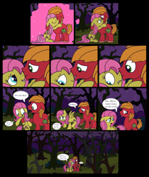 Size: 2792x3320 | Tagged: safe, artist:graciegirl328, big macintosh, fluttershy, earth pony, pegasus, pony, comic:the jacky horror web comic, g4, boop, comic, dialogue, female, forest, high res, hug, male, mare, night, noseboop, rocky horror picture show, ship:fluttermac, shipping, speech bubble, stallion, straight